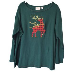 Quacker Factory Top 1X Green Waffle Knit Thermal Reindeer Holiday Bling
